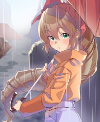 1girl bow brown_hair green_eyes hair_bow high_ponytail holding holding_umbrella kasu_yasuto long_hair looking_at_viewer orange_shirt pink_bow ponytail rain scryed shirt shorts solo umbrella white_shorts wide_ponytail yuuta_kanami