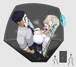 1boy 1girl :d ? assertive_female asuna_(blue_archive) asuna_(school_uniform)_(blue_archive) black_necktie black_pants black_shoes black_skirt black_socks blonde_hair blue_archive blue_eyes blue_halo blue_nails blue_ribbon blue_scrunchie blush breast_press breasts breath cleavage collared_shirt commentary doodle_sensei_(blue_archive) eyes_visible_through_hair full_body grey_background gzz hair_over_one_eye hair_ribbon halo hand_on_another&#039;s_chest hetero highres in_locker large_breasts long_hair looking_at_another mole mole_on_breast necktie nervous_sweating open_mouth pants paper_on_head partially_unbuttoned pleated_skirt ribbon school_uniform scrunchie sensei_(blue_archive) shirt shoes simple_background skirt smile socks standing sweat very_long_hair white_shirt wing_collar wrist_scrunchie