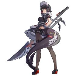 1girl bad_source belt black_dress black_hair black_pantyhose black_shoes breasts chain collar colored_inner_hair covered_erect_nipples dress ellen_joe fins fish_tail frilled_wrist_cuffs frills from_behind full_body hairband high_heels highres large_breasts looking_at_viewer looking_back maid maid_headdress metal_collar metal_hairband metal_wrist_cuffs mole mole_under_eye multicolored_hair official_art pantyhose puffy_short_sleeves puffy_sleeves pumps red_eyes red_hair red_nails scar scar_on_tail shark_girl shark_tail shoes short_hair short_sleeves solo tail transparent_background unconventional_maid wrist_cuffs zenless_zone_zero
