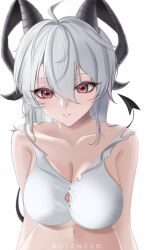 1girl absurdres artist_name bare_shoulders black_horns black_tail breasts collarbone commentary curled_horns demon_tail grey_hair hair_between_eyes highres horns large_breasts long_hair looking_at_viewer mole mole_under_eye navel noya_nyan parted_lips red_eyes shirt simple_background solo stomach tail torn_clothes torn_shirt upper_body white_background white_shirt wuthering_waves zani_(wuthering_waves)
