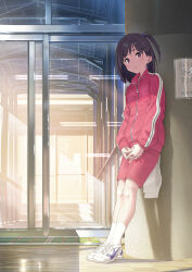 1girl absurdres asymmetrical_bangs automatic_door black_hair closed_mouth doormat furuyama_itaru glass_door highres jacket original own_hands_together purple_eyes red_jacket red_shorts shoes shorts side_ponytail sneakers socks solo track_jacket white_sneakers zipper zipper_pull_tab