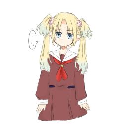 Rule 34 | ..., 1girl, blonde hair, blue eyes, blue hair, brown dress, closed mouth, commentary request, cowboy shot, cropped legs, curtained hair, dress, expressionless, flower, gradient hair, hair flower, hair ornament, hasu no sora school uniform, link! like! love live!, long sleeves, looking at viewer, love live!, mao (maooo 049), multicolored hair, neckerchief, osawa rurino, parted bangs, pink flower, pleated dress, red neckerchief, sailor collar, sailor dress, school uniform, sidelocks, simple background, solo, spoken ellipsis, thinking, two-tone hair, virtual youtuber, white background, white sailor collar, winter uniform