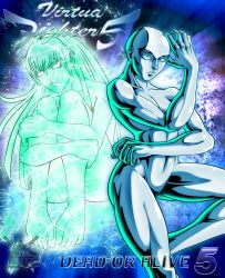 2girls alpha-152 bald crossover dead_or_alive dural electricity hugging_own_legs long_hair multiple_girls muscular muscular_female no_pupils nude pltnm_ghost see-through_clothes virtua_fighter