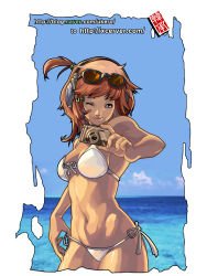 1girl bandaid beach bikini blue_eyes brown_hair camera day female_focus headphones highres lips mole mole_under_eye ocean one_eye_closed original short_hair side-tie_bikini_bottom side_ponytail solo sunglasses swimsuit tongue ukero water white_bikini