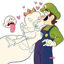 1boy 1girl artist_name blue_overalls blush boo_(mario) brown_hair closed_eyes crown dress earrings facial_hair flower_earrings ghost gloves green_hat green_shirt hat heart highres jewelry kiss long_sleeves long_tongue looking_at_another luigi manysart1 mario_(series) nintendo open_mouth overalls princess princess_daisy sharp_teeth shirt surprise_kiss surprised sweat sweatdrop teeth tongue tongue_out white_background white_dress white_gloves