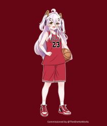 1girl ahoge ball basketball_(object) basketball_jersey basketball_uniform chicago_bulls commentary commission commissioner_name full_body hair_intakes henya_the_genius highres holding holding_ball national_basketball_association open_mouth pink_hair red_shoes red_shorts shoes shorts smile sneakers snkagawa solo sportswear two_side_up virtual_youtuber vshojo yellow_eyes