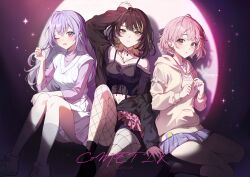 3girls ;d absurdres arm_up bare_shoulders black_jacket black_shoes black_socks blonde_hair blue_skirt breasts brown_eyes brown_hair brown_socks camisole collarbone cometik_(idolmaster) commentary_request drawstring grey_eyes highres hood hood_down hoodie idolmaster idolmaster_shiny_colors ikaruga_luca ikuta_haruki jacket jewelry kheng_(k_heng1223) knee_up long_hair long_sleeves medium_breasts miniskirt multicolored_hair multiple_girls navel neck_tattoo necklace one_eye_closed open_clothes open_jacket open_mouth parted_lips pink_hair pink_shirt pink_skirt plaid_clothes plaid_skirt pleated_skirt purple_hair shirt shoes short_hair sitting skirt smile sneakers socks streaked_hair suzuki_hana sweater_vest tattoo turtleneck turtleneck_shirt two-tone_hair white_camisole white_shoes white_skirt white_socks white_sweater_vest yellow_eyes yellow_hoodie