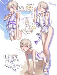 Rule 34 | 2girls, absurdres, ahoge, all fours, alternate costume, bare arms, bare legs, bare shoulders, bilingual commentary, blonde hair, blush, breasts, breath, brown hair, carrying, chibi, chibi inset, clenched teeth, commentary, commentary request, competition swimsuit, cropped legs, double bun, english commentary, fang, feet, full body, hair bun, hands up, highres, hololive, hololive dev is, life vest, looking at viewer, mixed-language commentary, motion lines, multicolored hair, multiple girls, multiple views, one-piece swimsuit, one eye closed, open mouth, otonose kanade, princess carry, purple eyes, purple hair, sandals, small breasts, smile, standing, streaked hair, swimsuit, teeth, todoroki hajime, toes, translation request, tsuwamun, two-tone hair, virtual youtuber, white one-piece swimsuit