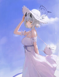 Rule 34 | 1girl, absurdres, arm behind back, armband, black halo, black horns, blue archive, demon girl, demon horns, dress, dress ribbon, flower, frilled armband, frilled armlet, frills, from side, grey halo, halo, hat, hat flower, highres, horns, jianjia, light smile, looking at viewer, official alternate costume, sena (blue archive), sena (casual) (blue archive), solo, sun hat, sundress, white armband, white dress, white hat