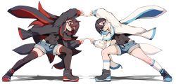 2girls black_jacket black_legwear black_leotard blue_hair brown_hair calf_socks covered_navel denim denim_shorts fusion_dance grin hair_between_eyes highleg highleg_leotard highres jacket k.tomato leotard leotard_under_clothes long_hair looking_at_another multicolored_hair multiple_girls open_fly original red_eyes red_hair short_hair short_shorts shorts simple_background slit_pupils smile standing streaked_hair thighhighs thighs triangle_mouth two-tone_hair very_long_hair white_background white_jacket white_legwear