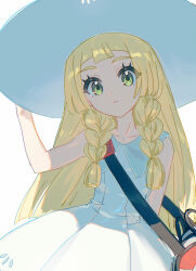 1girl absurdres bag blonde_hair braid closed_mouth dress duffel_bag eyelashes fua1heyvot4ifsr green_eyes hat highres light_frown lillie_(pokemon) long_hair looking_at_viewer nintendo pokemon pokemon_sm sleeveless sleeveless_dress solo sun_hat twin_braids white_background white_dress white_hat