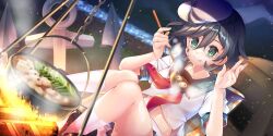 1girl :q anchor anchor_symbol black_hair breasts chain commentary cooking cooking_pot english_commentary facial_mark fire food food_request game_cg green_eyes green_sailor_collar hair_between_eyes hat highres hishaku kneehighs ko_yu medium_hair midriff_peek murasa_minamitsu neckerchief official_art outdoors red_neckerchief sailor_collar shirt short_sleeves smile socks solo steam third-party_source tongue tongue_out touhou touhou_lostword white_hat white_shirt white_socks