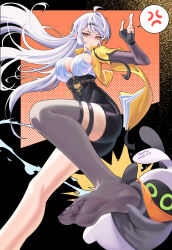 1girl absurdres feet highres huahuaren_jump light_blush long_hair see-through_clothes see-through_legwear single_thighhigh soles thighhighs toes white_hair yellow_eyes yixuan_(zenless_zone_zero) zenless_zone_zero