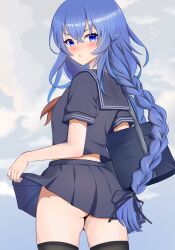 1girl alternate_costume ass ass_peek bag black_thighhighs blue_eyes blue_hair blue_sailor_collar blue_shirt blue_skirt blush braid clothes_lift cloud cloudy_sky commentary_request cowboy_shot crossed_bangs from_behind hair_between_eyes highres lifting_own_clothes long_braid long_hair looking_at_viewer looking_back luoqixi373925 microskirt mixed-language_commentary mushoku_tensei neckerchief pleated_skirt red_neckerchief roxy_migurdia sailor_collar school_uniform second-party_source shirt short_sleeves shoulder_bag skirt skirt_lift sky solo thighhighs twin_braids v-shaped_eyebrows very_long_hair zettai_ryouiki