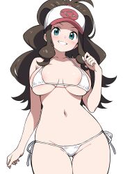 Rule 34 | 1girl, areola slip, baseball cap, bikini, blue eyes, breasts, breasts apart, brown hair, ecgg (tsuji418477), grin, hair through headwear, hat, high ponytail, highres, hilda (pokemon), long hair, looking at viewer, medium breasts, micro bikini, navel, nintendo, pokemon, pokemon bw, ponytail, side-tie bikini bottom, simple background, smile, solo, stomach, swimsuit, very long hair, white background, white bikini, wide ponytail