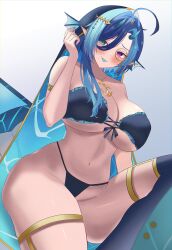 1girl absurdres ahoge anchor_necklace aqua_eyes aqua_tongue bikini black_bikini black_thighhighs blue_hair breasts fish_skeleton_hair_ornament gold_armlet gold_necklace gold_trim hair_between_eyes highres horns indie_virtual_youtuber jewelry large_breasts linea_alba marion_(marionette_ink) mole mole_under_eye mole_under_mouth monocle multicolored_hair natomiie_(vtuber) navel necklace oni purple_eyes second-party_source solo streaked_hair swimsuit thighhighs two-tone_hair veil virtual_youtuber