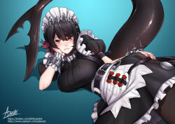 1girl adsouto apron black_hair dress ellen_joe fins fish_tail frilled_dress frills highres looking_at_viewer maid maid_apron maid_headdress mole mole_under_eye multicolored_hair pink_hair red_eyes shark_girl shark_tail sharp_teeth short_hair tail teeth two-tone_hair zenless_zone_zero