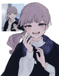 1girl amd_vrc arms_up black_coat blush coat colored_skin commentary derivative_work dot_nose english_commentary eyebrows_hidden_by_hair grey_eyes grey_hair lapwing_(vrchat) long_hair long_sleeves open_mouth photo-referenced ponytail screenshot_redraw smile solo sweater teeth tongue turtleneck turtleneck_sweater upper_body vrchat white_background white_skin white_sweater