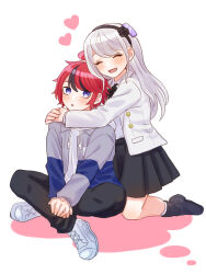 1boy 1girl ahoge black_hair black_skirt blue_eyes blush closed_eyes fingernails hair_between_eyes heart hetero highres hug jacket kashimiya_karua kneeling long_hair long_sleeves messy_hair multicolored_eyes multicolored_hair open_mouth pleated_skirt red_eyes red_hair simple_background sitting skirt sumino_takumi the_hundred_line_-last_defense_academy- white_background white_hair white_jacket