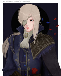 1girl absurdres ascot black_cape blonde_hair blue_coat blue_eyes cape character_name coat commentary copyright_name duchess_(elden_ring) elden_ring elden_ring_nightreign english_commentary flower high_collar highres lips little_oni long_hair looking_at_viewer mask_over_one_eye nose petals ponytail red_flower red_rose rose rose_petals simple_background solo upper_body white_ascot