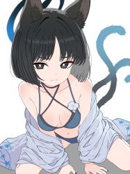 1girl animal_ear_fluff animal_ears bare_shoulders bikini black_choker black_eyes black_hair blue_archive blue_bikini blue_haori breasts cat_ears cat_girl cat_tail choker cleavage closed_mouth gradient_tail haori highres japanese_clothes kikyou_(blue_archive) kikyou_(swimsuit)_(blue_archive) looking_at_viewer makeup multiple_tails navel official_alternate_costume parted_bangs shishiejo_(sisieho1) short_hair solo stomach swimsuit tail two_tails