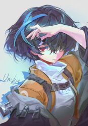 Rule 34 | 1girl, adjusting hair, androgynous, black hair, blue jacket, blue streaks, character name, commentary, doggieeki, guilty gear, guilty gear strive, hair over one eye, highres, jacket, layered clothes, looking at viewer, multicolored hair, open clothes, open jacket, orange jacket, red eyes, shirt, short hair, simple background, solo, streaked hair, symbol-only commentary, turtleneck, turtleneck shirt, unika (guilty gear), upper body, white shirt
