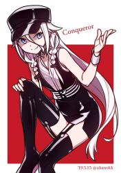 1girl ai_kusunoki black_dress black_headwear black_thighhighs blue_eyes braid cevio commentary conqueror_(cevio) dated dress garter_straps hair_flaps hand_on_own_knee hand_up ia_(vocaloid) knee_up latex latex_legwear latex_top long_hair pink_hair red_background shiny_clothes side_braids sideways_glance sitting smile solo song_name thighhighs twitter_username very_long_hair vocaloid wrist_cuffs