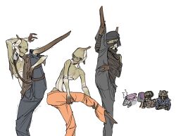 3boys ^_^ arthropod_boy closed_eyes facepalm highres hiver_(kenshi) holding_own_leg humanoid_robot juerucj kenshi multiple_boys pants rectangular_eyewear ribbon robot simple_background split standing standing_on_one_leg standing_split sweat trembling twitter_username white_background