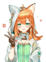 Rule 34 | 1girl, absurdres, animal ear hood, arknights, blush, breasts, cat girl, dr.lamina, dress, earrings, ears under headwear, fake animal ears, gloves, green dress, green eyes, hand up, highres, hood, hooded dress, jewelry, looking at viewer, medium breasts, medium hair, mole, mole on armpit, open mouth, orange hair, papyrus (arknights), single earring, single glove, smile, upper body, v