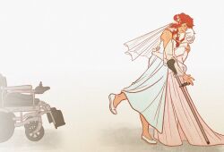 2girls alternate_hairstyle andygonz bridal_veil closed_eyes crutch dark-skinned_female dark_skin dress female_focus gundam gundam_suisei_no_majo highres hug long_hair miorine_rembran multiple_girls red_hair shoes short_hair simple_background smile suletta_mercury tears veil wedding_dress wheelchair white_background white_hair white_shoes wife_and_wife yuri