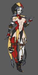 1girl arm_armor arm_at_side arm_up ascot asymmetrical_legwear black_boots black_lips black_sleeves black_trim boots breasts cleavage commentary desn earrings english_commentary female_focus frilled_sleeves frills grey_background grey_hair hat high_heel_boots high_heels highres jester jester_cap jewelry leotard long_hair mask medium_breasts multicolored_hat myebou_(desn) navel original pale_skin popped_collar red_ascot red_leotard red_trim revealing_clothes simple_background solo straight_hair thighhighs waist_cape white_mask yellow_trim