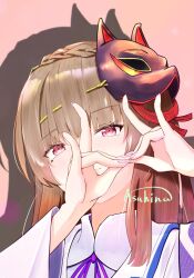 asahinahanokai braid brown_hair crown_braid fox_mask fox_shadow_puppet hair_ornament hair_stick heaven_burns_red highres japanese_clothes kiryuu_miya long_hair mask mole mole_under_eye red_eyes shirt sidelocks white_shirt wide_sleeves