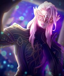 1boy absurdres afk_(series) afk_journey armor artist_name blue_gemstone blurry blurry_background closed_mouth dutch_angle gem hand_on_own_chin hand_up highres long_hair looking_at_viewer mask masquerade_mask pink_eyes pink_hair pointy_ears ravion_(afk) solo umeko_816 upper_body