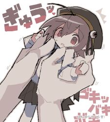 1girl @_@ ^^^ abuse ahoge beret brown_eyes brown_hair brown_skirt empty_eyes eyeball_hat_ornament eyes_visible_through_hair hair_between_eyes hat heart holding holding_mini_person jaggy_lines long_sleeves mini_person minigirl miniskirt motion_lines no_sclera open_mouth original pantyhose pleated_skirt pov pov_hands puffy_long_sleeves puffy_sleeves scared shirt short_hair skirt solo_focus sound_effects suzua_(sofw0) translation_request white_background white_pantyhose white_shirt