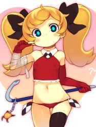 1girl asymmetrical_gloves bachera bandages bare_shoulders black_thighhighs blonde_hair blush bow bright_pupils covered_erect_nipples cowboy_shot crowbar elbow_gloves female_focus finger_to_face flat_chest gloves groin hair_bow half-life half-life_(series) headcrab holding holding_crowbar long_hair looking_at_viewer lowleg lowleg_panties midriff mismatched_gloves navel original panties red_gloves red_panties shiny_skin single_elbow_glove single_thighhigh skindentation solo thigh_gap thighhighs twintails underwear