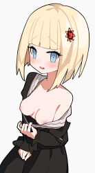Rule 34 | 1girl, absurdres, artist name, black dress, blonde hair, blue eyes, blush, clothes pull, collarbone, cowboy shot, dress, eyelashes, female focus, highres, nanozenzen, nipples, oosuzuki kurara, open mouth, simple background, solo, teeth, the hundred line -last defense academy-, topless female, upper teeth only, white background
