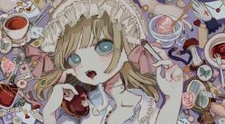 1girl apple apple_core aqua_eyes blonde_hair body_writing bottle boxcutter cup english_text fangs flower food frilled_hairband frills fruit hair_ribbon hairband hand_mirror heart heart_in_eye highres holding kapura looking_at_viewer mirror open_clothes open_mouth open_shirt original pill pink_ribbon ribbon solo symbol_in_eye syringe teacup tongue