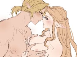 1boy 1girl blush breasts couple grabbing_another&#039;s_breast groping hands_on_another&#039;s_cheeks hands_on_another&#039;s_face hetero imminent_kiss kurokawa_karasu link long_hair looking_at_another low_ponytail medium_breasts medium_hair nintendo nude parted_bangs parted_lips pointy_ears ponytail princess_zelda sidelocks sweat the_legend_of_zelda the_legend_of_zelda:_ocarina_of_time upper_body white_background