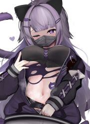 1girl ahoge amatou_yuzuki animal_ears belt breasts cat_ears cat_girl cat_tail grabbing_own_breast hair_ornament hairclip heart hololive jacket large_breasts mask mouth_mask navel nekomata_okayu nekomata_okayu_(personya_respect) purple_eyes purple_hair simple_background steam sticker_on_stomach tail torn_clothes unzipping white_background