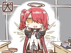 1girl akanotanin13 arknights black_gloves black_jacket bowl chibi chopsticks commentary detached_wings double_middle_finger dress exusiai_(arknights) exusiai_the_new_covenant_(arknights) fingerless_gloves gloves hair_over_one_eye halo jacket long_hair looking_at_viewer middle_finger one_side_up open_mouth red_hair signature smile solo symbol-only_commentary traditional_halo watermark white_dress white_halo wings yellow_eyes