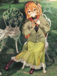 1girl a.i._voice absurdres adachi_rei alternate_costume android black_shirt boots brown_boots buttons chair day flat_chest glasses grass green_jacket green_skirt grin hair_between_eyes hair_ornament hair_ribbon hairclip hands_up hashtag-only_commentary headlamp highres jacket lace-up_boots long_skirt long_sleeves looking_at_viewer orange_eyes orange_hair outdoors partially_unbuttoned popomine_(popo3ne) radio_antenna ribbon shaded_face shirt side_ponytail sitting skirt smile solo table utau white_ribbon