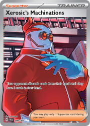 1boy artist_name blue_gloves card_(medium) character_name closed_mouth colored_skin company_name copyright_name copyright_notice earpiece english_text facial_hair gloves gossan hand_on_own_chest indoors long_sleeves male_focus nintendo official_art pokemon pokemon_card pokemon_tcg red-tinted_eyewear red_hair red_shirt shirt short_hair solo team_flare team_flare_uniform third-party_source tinted_eyewear trading_card white_skin xerosic_(pokemon)
