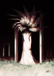 1girl angel angel_wings biblically_accurate_angel black_dress chipargycrah columbina_(genshin_impact) door dress extra_eyes feathered_wings genshin_impact highres horror_(theme) multiple_wings red_eyes seraph solo white_dress wing_eyes wings