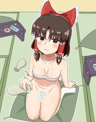 1girl :3 absurdres alcohol benikurage_(cookie) blush bottomless bow breasts brown_eyes brown_hair brown_pubic_hair chest_sarashi cleavage closed_mouth commentary_request cookie_(touhou) female_pubic_hair frilled_bow frilled_hair_tubes frills full_body gomimaro hair_bow hair_tubes hakurei_reimu highres indoors looking_at_viewer medium_breasts pouring pouring_onto_self pubic_hair red_bow sake sarashi short_hair sidelocks smile socks solo tokkuri touhou wakamezake white_socks