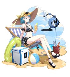 1girl absurdres ball beach beach_chair beachball bikini bikini_skirt blue_eyes blue_hair blue_sky breasts bucket chair cleavage cloud cloudy_sky cooler crossed_legs cup drinking_straw drone eins_(honkai_impact) electric_fan eyewear_on_head frilled_bikini frills full_body hat highres holding holding_cup honkai_(series) honkai_impact_3rd innertube lemonade lieserl_albert_einstein medium_breasts navel outdoors sand sandals shadow short_hair shovel simple_background sitting sky solo sun_hat sunglasses swim_ring swimsuit tanwq toes water white_background