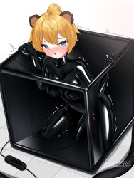 1girl absurdres animal_ears bdsm blonde_hair blue_eyes blush bodysuit chestnut_mouth highres latex latex_bodysuit looking_at_viewer maguro27 original ponytail sex_toy short_hair skin_tight solo trembling vacuum_cube variant_set vibrator