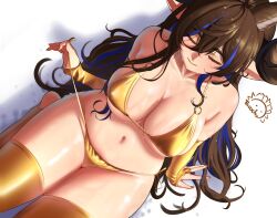 1girl animal_ears artist_name bikini bikini_pull blue_hair breasts bridal_gauntlets brown_hair cleavage closed_eyes clothes_pull curled_horns elbow_gloves from_above galleon_(granblue_fantasy) gloves gold_bikini gold_gloves gold_thighhighs granblue_fantasy horns large_breasts long_hair multicolored_hair navel o-ring o-ring_bikini pointy_ears side-tie_bikini_bottom sitting smile solo streaked_hair swimsuit tacochu thighhighs untied_bikini_bottom white_background wide_hips
