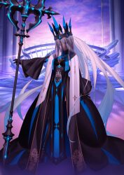 Rule 34 | 1girl, arm at side, black boots, black crown, black dress, black gloves, black shrug, black veil, blue eyes, blue hair, boots, braid, breasts, cleavage, closed mouth, clothing cutout, crown, dress, expressionless, fate/grand order, fate (series), floating hair, full body, game cg, gloves, gradient hair, halterneck, hand up, high heel boots, high heels, holding, holding polearm, holding weapon, legs apart, long dress, long hair, long sleeves, looking at viewer, medium breasts, morgan le fay (fate), morgan le fay (queen of winter) (fate), multicolored hair, official art, outstretched arm, pelvic curtain, polearm, ponytail, see-through cleavage, see-through clothes, see-through veil, shrug (clothing), sidelocks, sleeveless, sleeveless dress, solo, standing, stole, stomach cutout, takeuchi takashi, thigh boots, third-party source, variant set, veil, very long hair, weapon, white hair, wide ponytail, wide sleeves