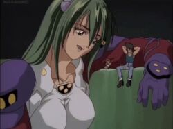 1girl 2boys animated animated_gif anime_screenshot breasts collarbone emilia_jenius giant giantess green_hair large_breasts macross macross_7 macross_7:_the_galaxy_is_calling_me mecha_pilot_suit multiple_boys nekki_basara pedro_(macross_7) size_difference smile
