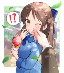 !? 1boy 1girl child crepe day food fruit hand_size_difference highres holding holding_crepe holding_food idolmaster idolmaster_cinderella_girls looking_at_viewer one_eye_closed outdoors pov pov_hands shiro_(branch0126) strawberry tachibana_arisu wiping wiping_mouth